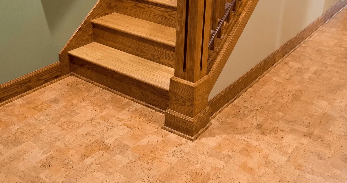 End of a staircase with cork flooring in West Palm Beach, FL